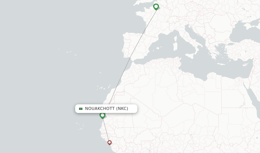 Route map with flights from Nouakchott with Air France