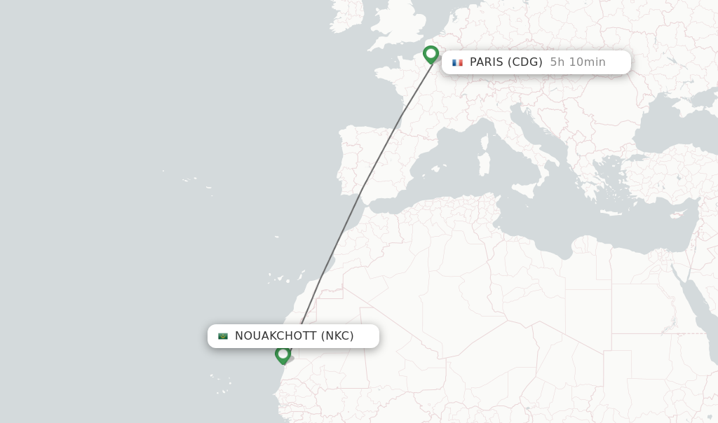 Flights from Nouakchott to Paris route map