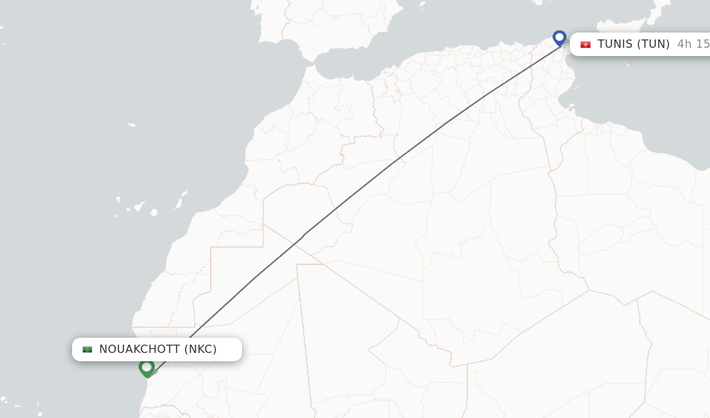 Flights from Nouakchott to Tunis route map