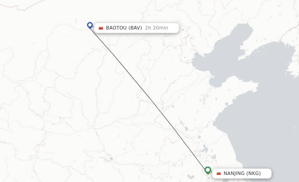 Flights from Nanjing to Baotou route map