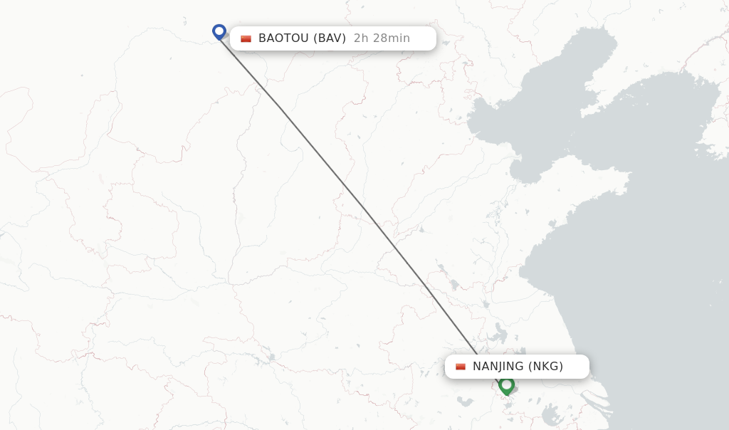 Flights from Nanjing to Baotou route map