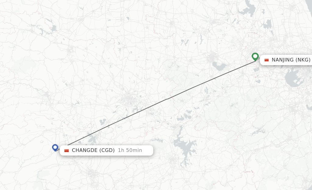 Flights from Nanjing to Changde route map