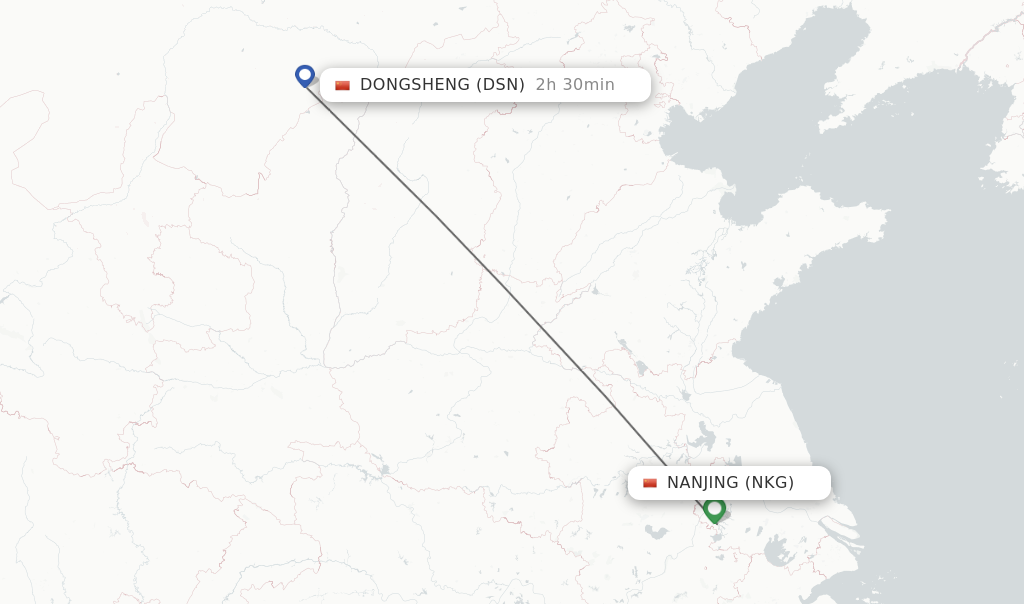 Flights from Nanjing to Dongsheng route map