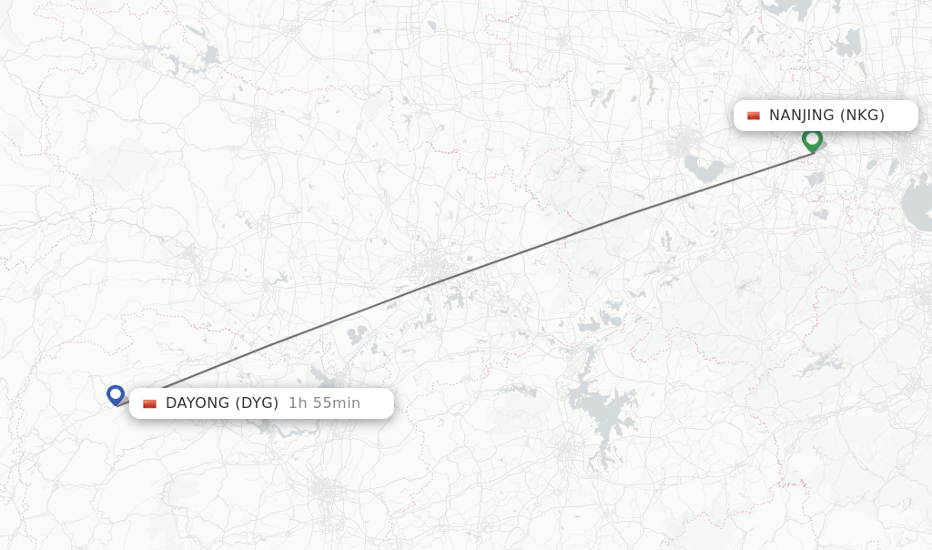 Flights from Nanjing to Dayong route map