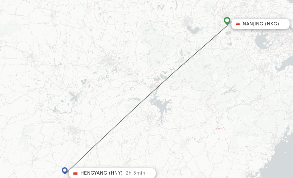 Flights from Nanjing to Hengyang route map