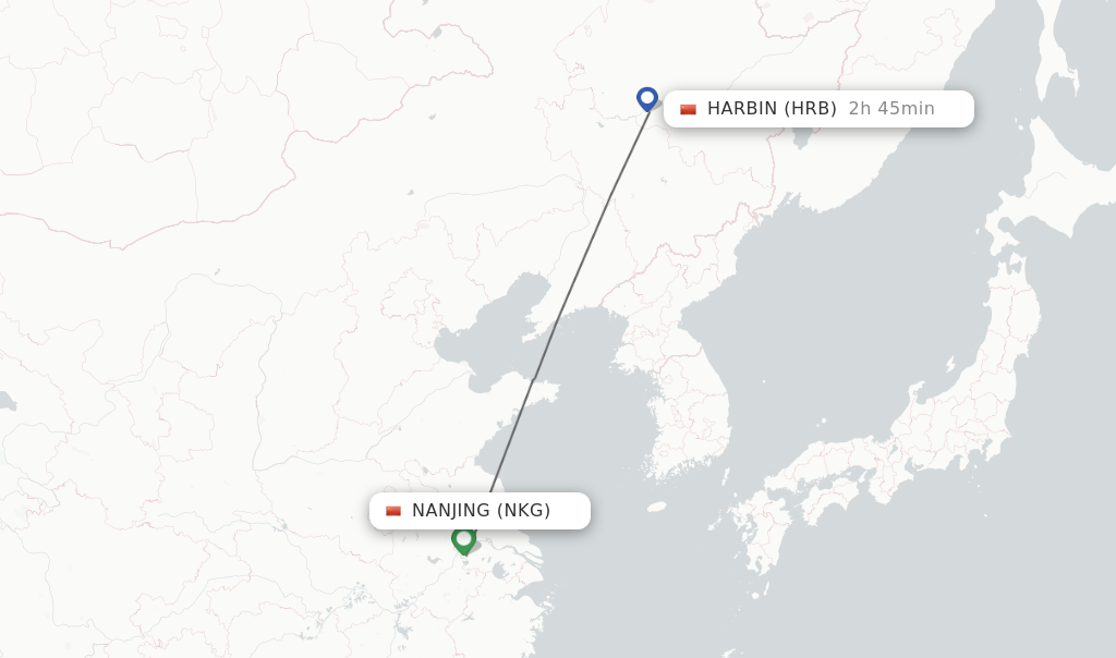 Flights from Nanjing to Harbin route map