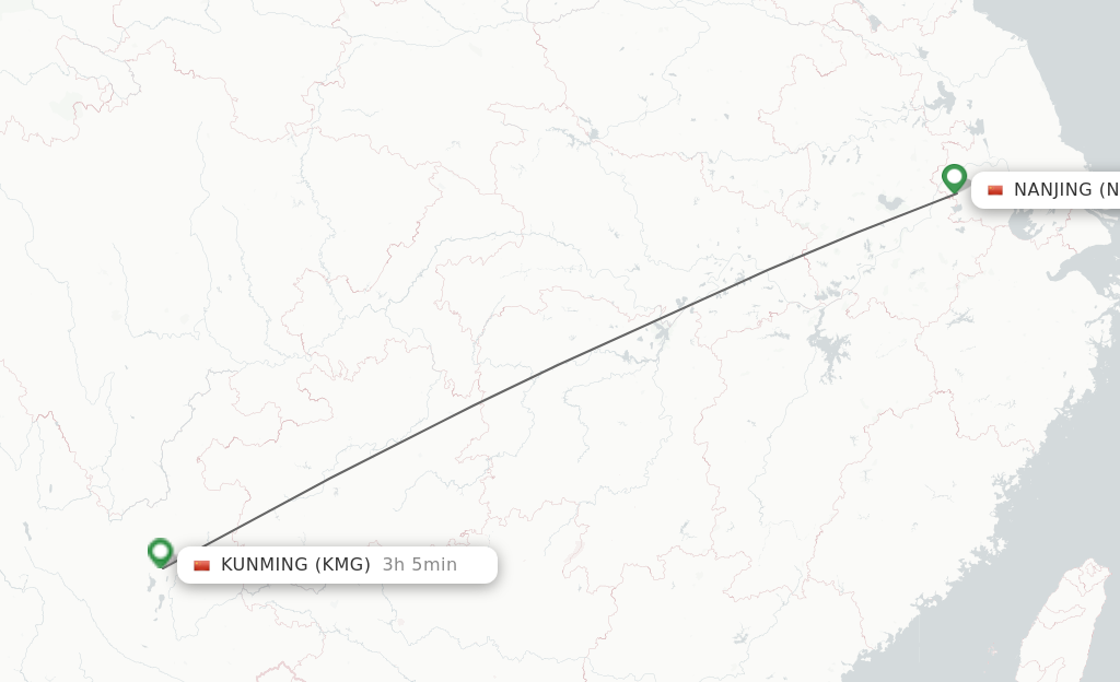 Flights from Nanjing to Kunming route map