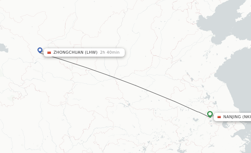 Flights from Nanjing to Lanzhou route map