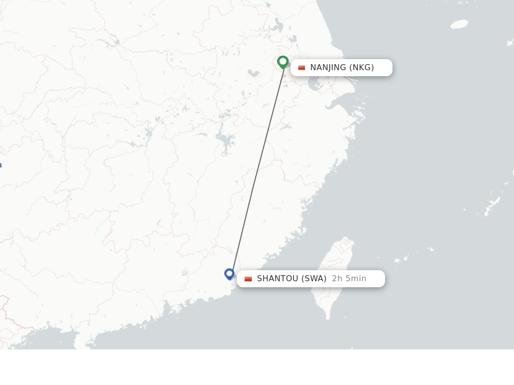 Flights from Nanjing to Jieyang route map