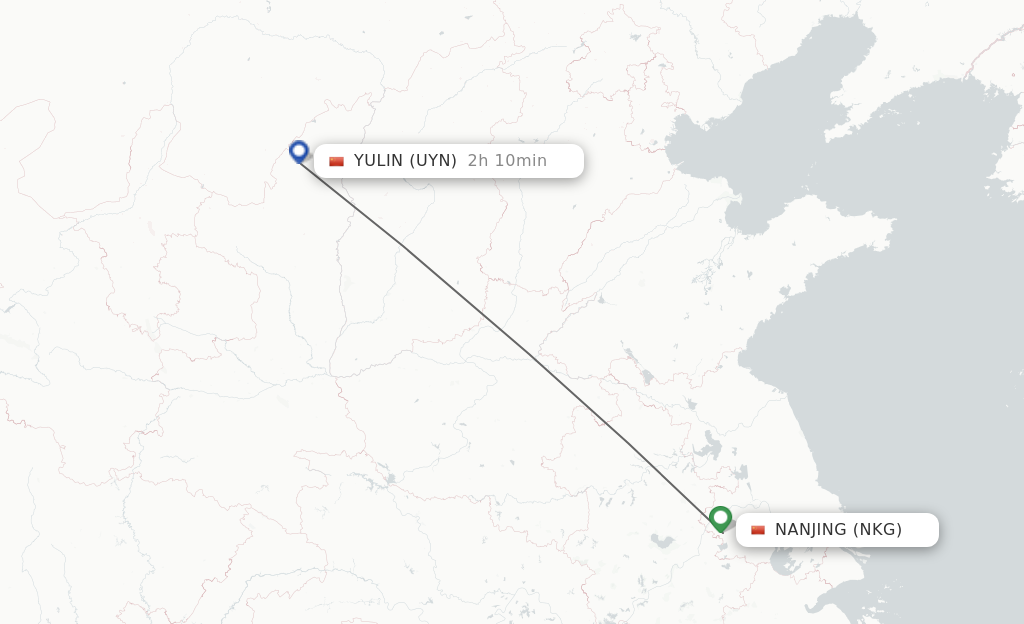Flights from Nanjing to Yulin route map
