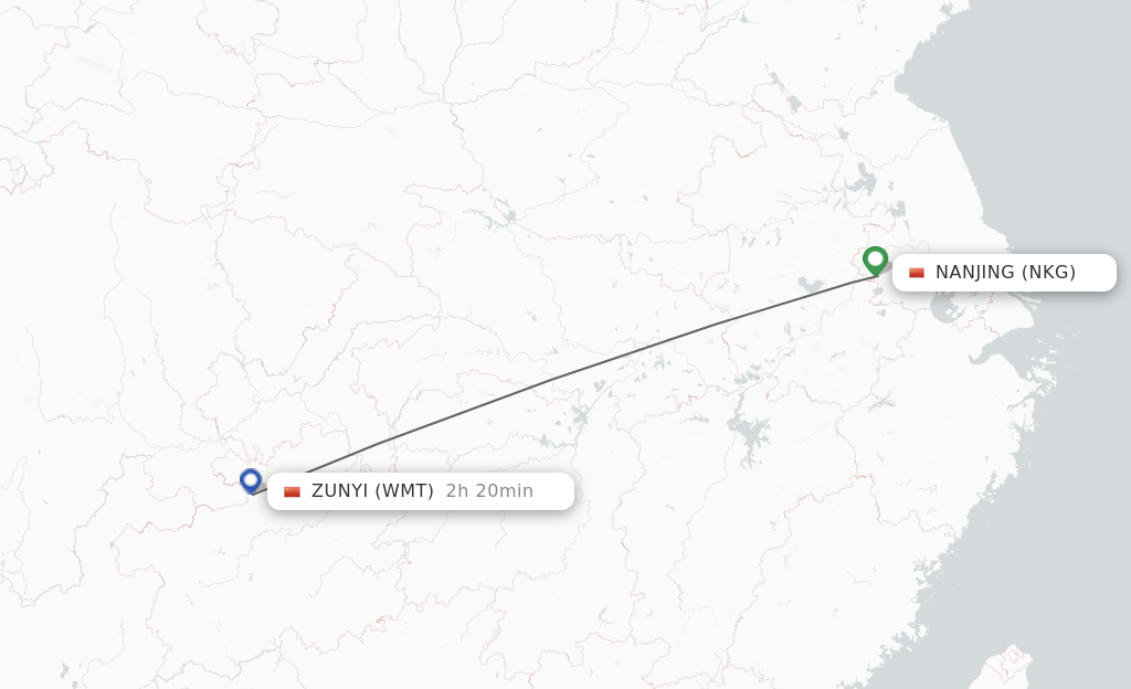 Flights from Nanjing to Zunyi route map