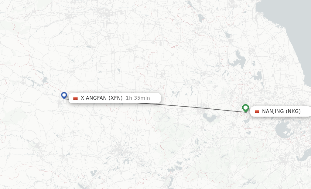 Flights from Nanjing to Xiangyang route map