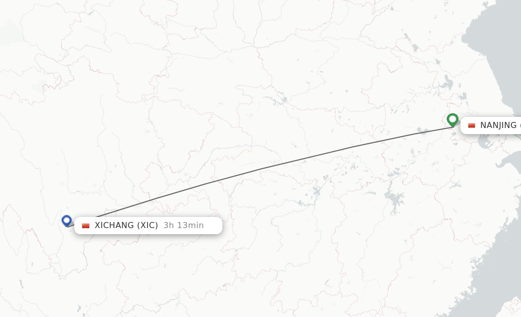Flights from Nanjing to Xichang route map