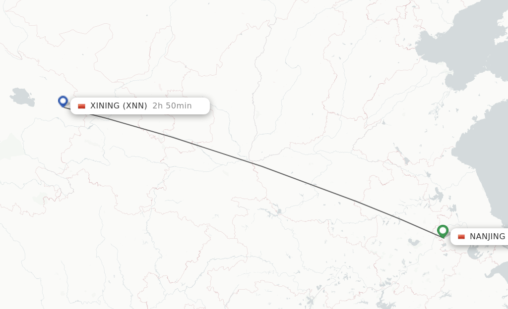 Flights from Nanjing to Xining route map