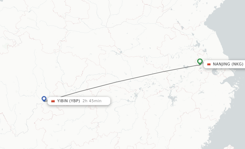 Flights from Nanjing to Yibin route map