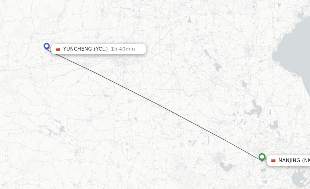 Flights from Nanjing to Yuncheng route map