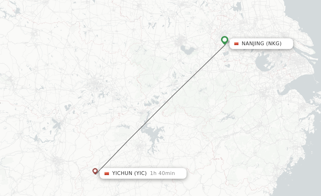 Flights from Nanjing to Yichun route map