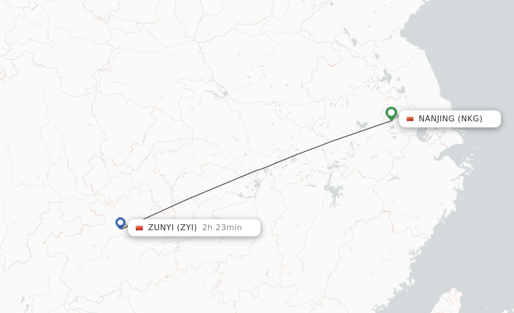 Flights from Nanjing to Zunyi route map