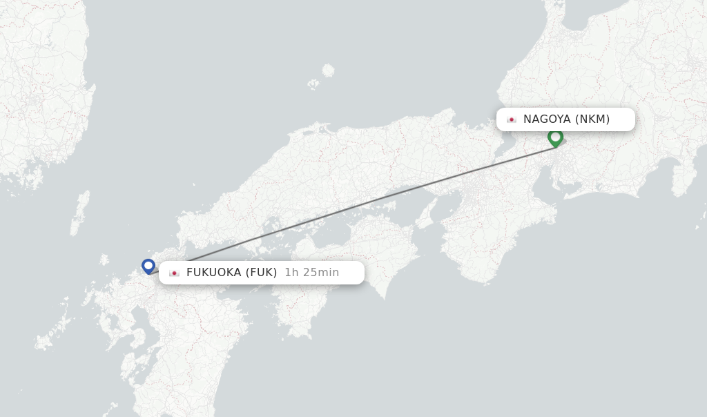 Flights from Nagoya to Fukuoka route map