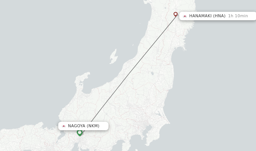 Flights from Nagoya to Hanamaki route map