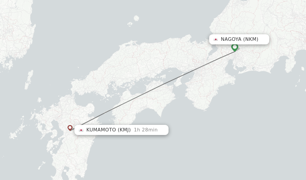 Flights from Nagoya to Kumamoto route map