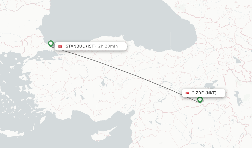 Flights from Cizre to Istanbul route map