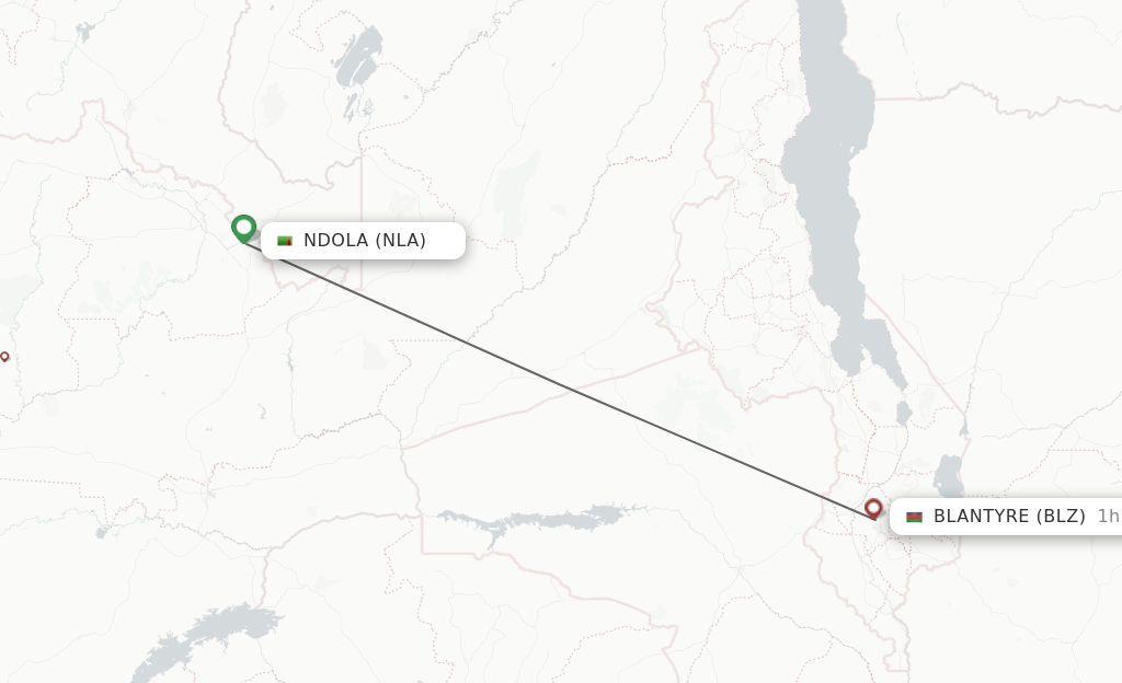 Flights from Ndola to Blantyre route map