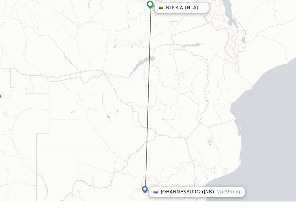 Flights from Ndola to Johannesburg route map