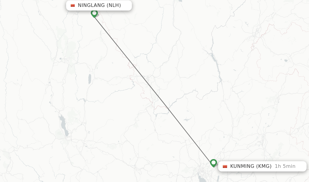 Flights from Ninglang to Kunming route map
