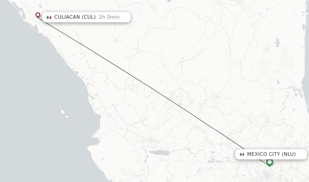 Flights from Mexico City to Culiacan route map