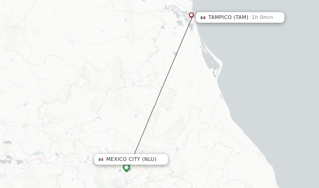 Flights from Tampico to Mexico City route map