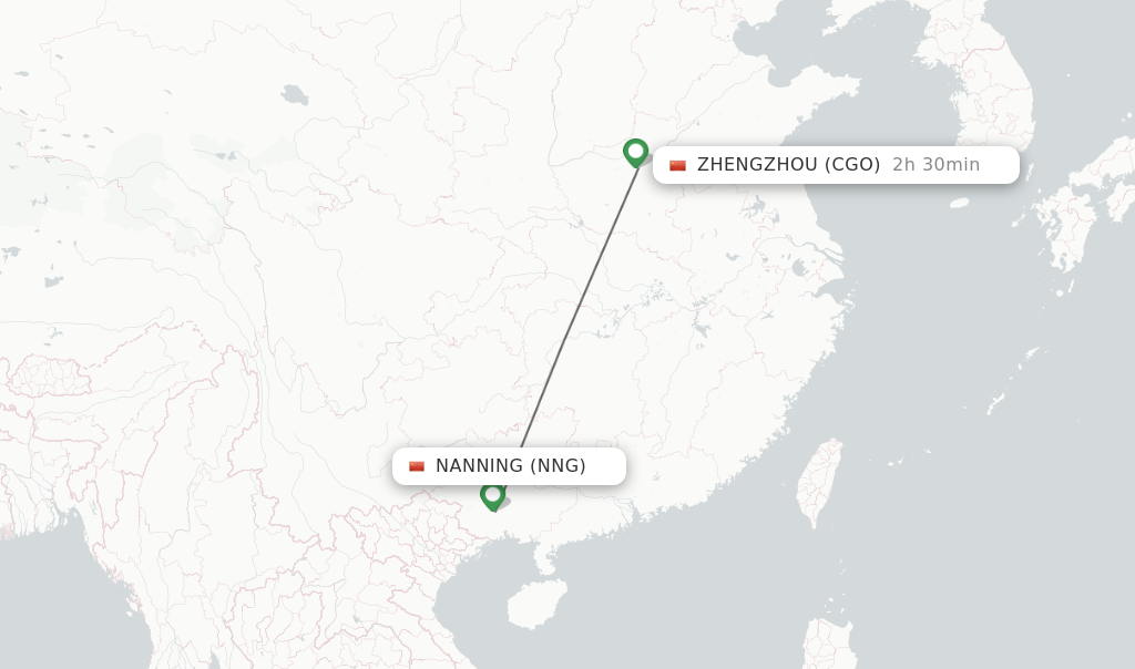 Flights from Nanning to Zhengzhou route map
