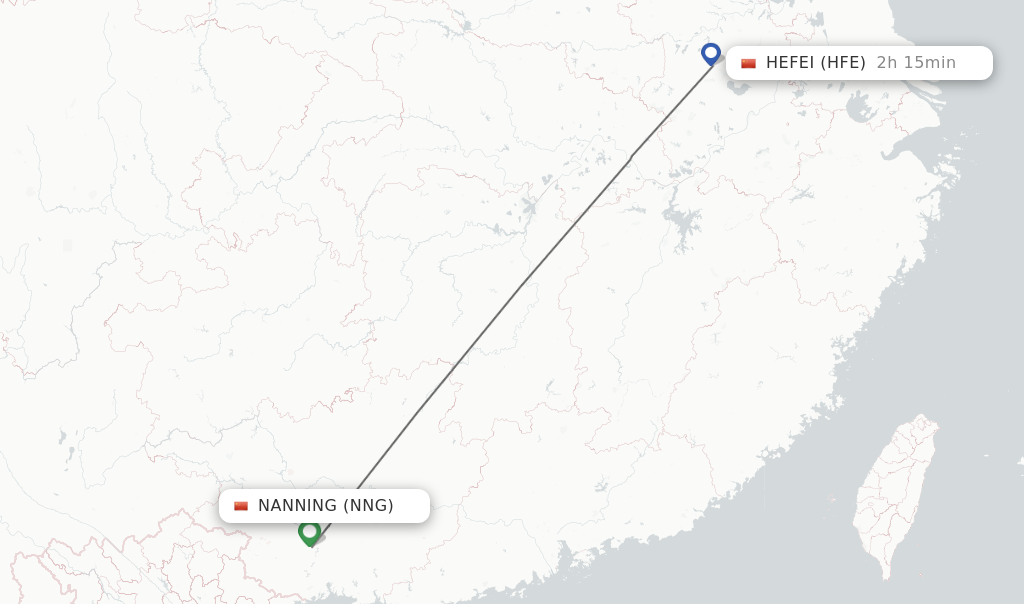 Flights from Nanning to Hefei route map