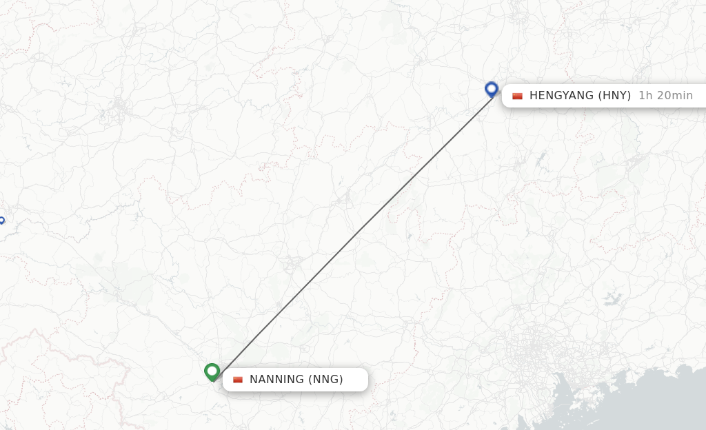 Flights from Nanning to Hengyang route map