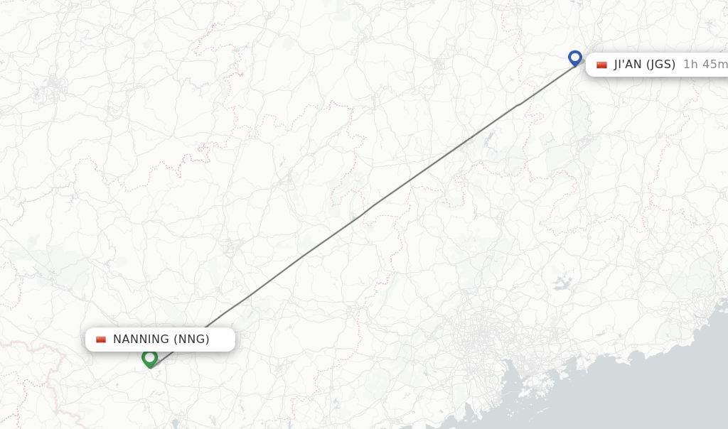 Flights from Nanning to Ji'An route map