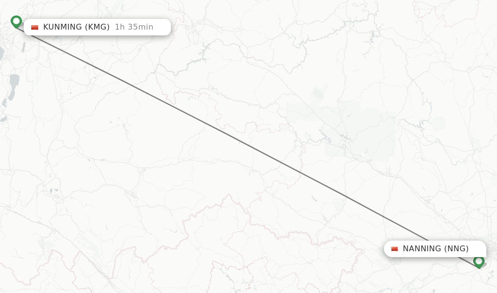 Flights from Nanning to Kunming route map