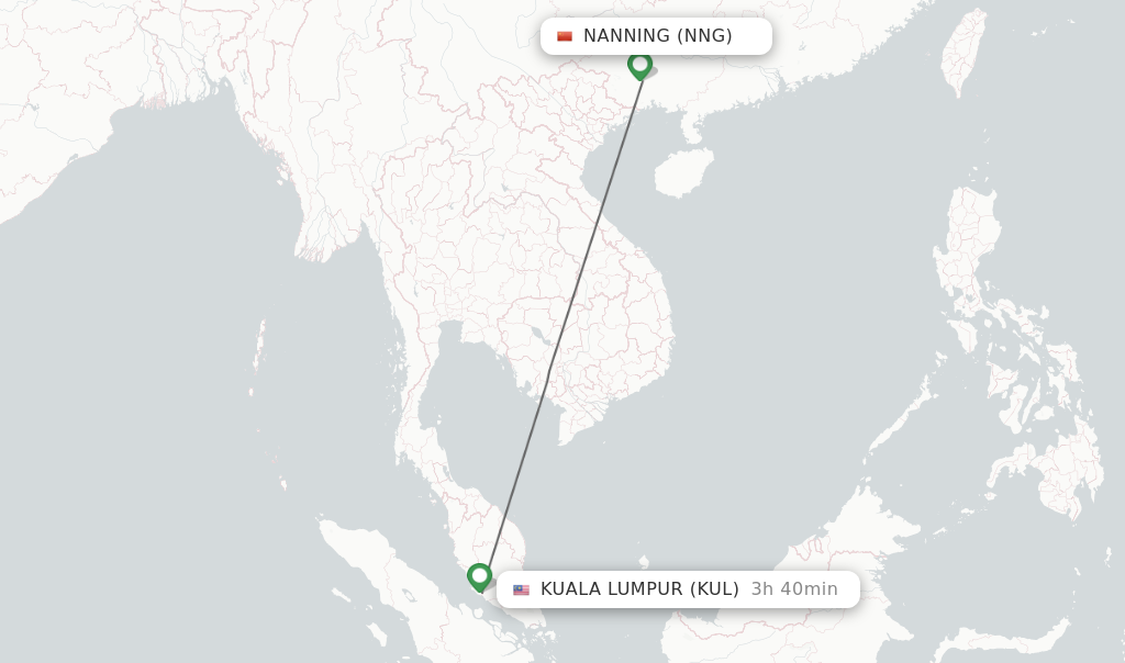 Flights from Nanning to Kuala Lumpur route map