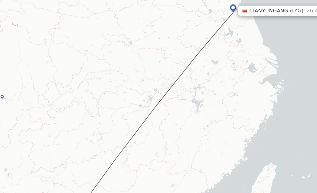 Flights from Nanning to Lianyungang route map