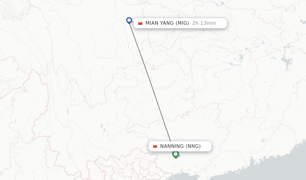 Flights from Nanning to Mian Yang route map