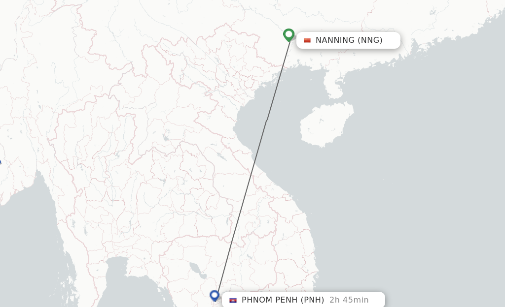 Flights from Nanning to Phnom Penh route map