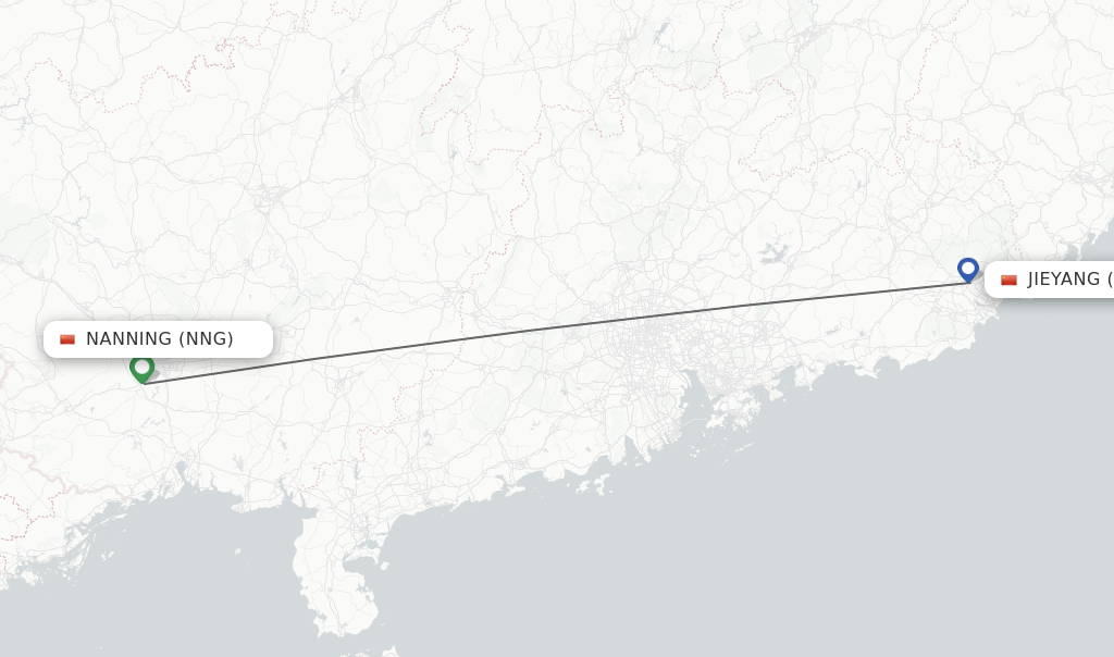 Flights from Nanning to Jieyang route map