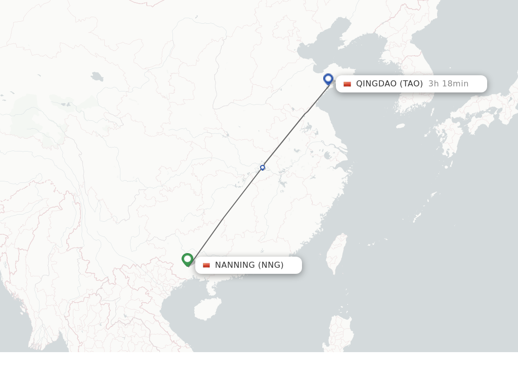 Flights from Nanning to Qingdao route map