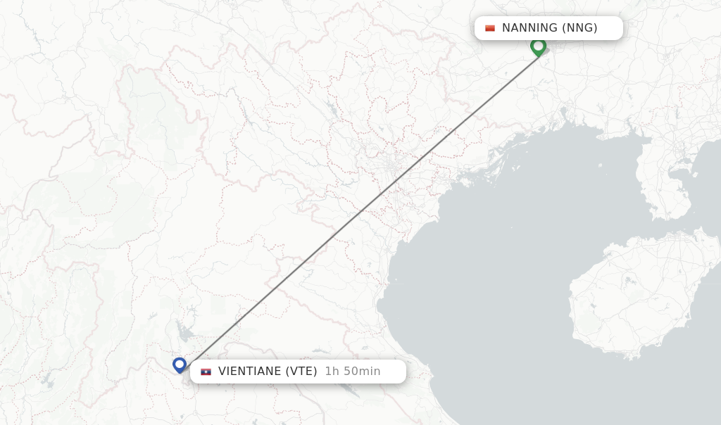Flights from Nanning to Vientiane route map