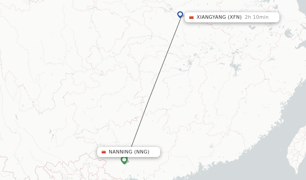 Flights from Nanning to Xiangyang route map