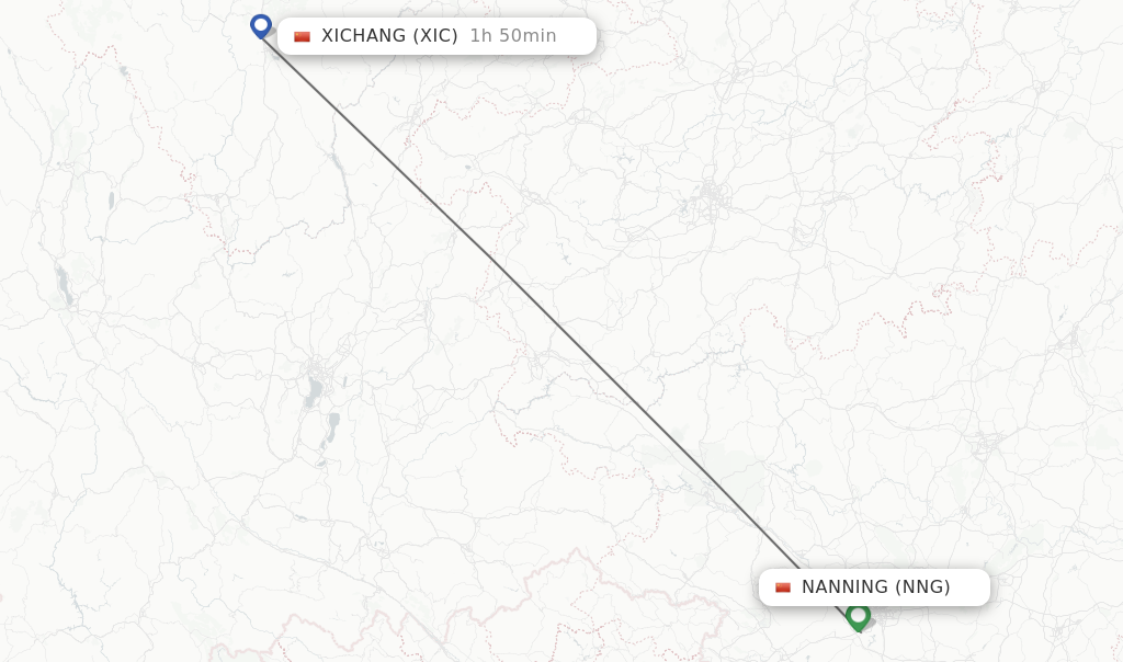 Flights from Nanning to Xichang route map