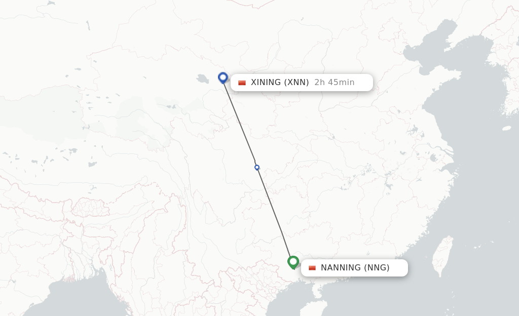 Flights from Nanning to Xining route map
