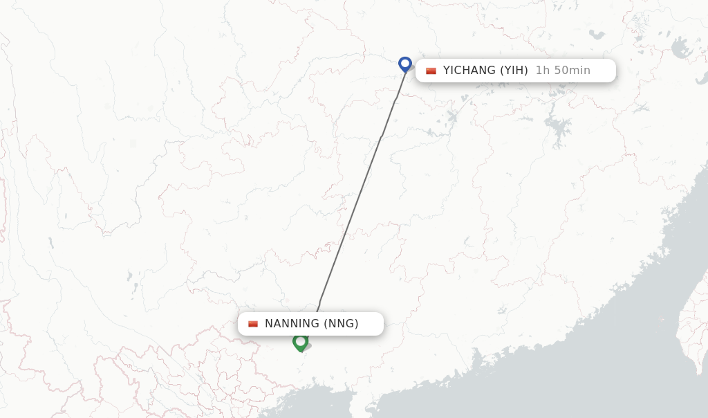 Flights from Nanning to Yichang route map