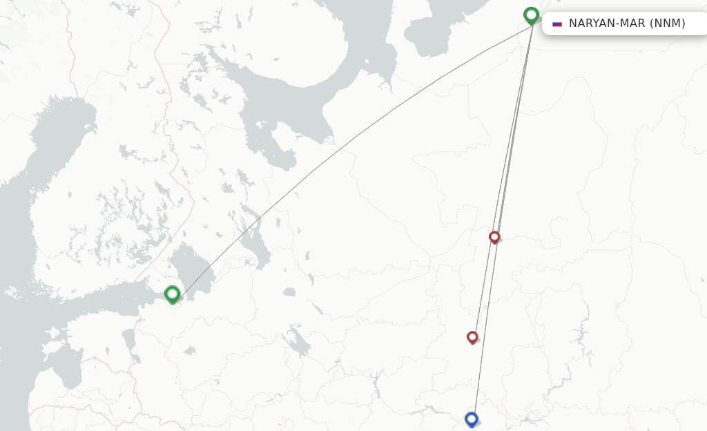 Route map with flights from Naryan-Mar with RusLine