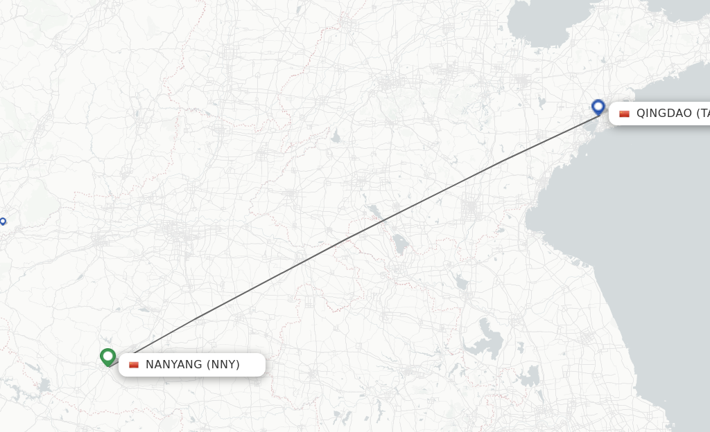 Flights from Nanyang to Qingdao route map