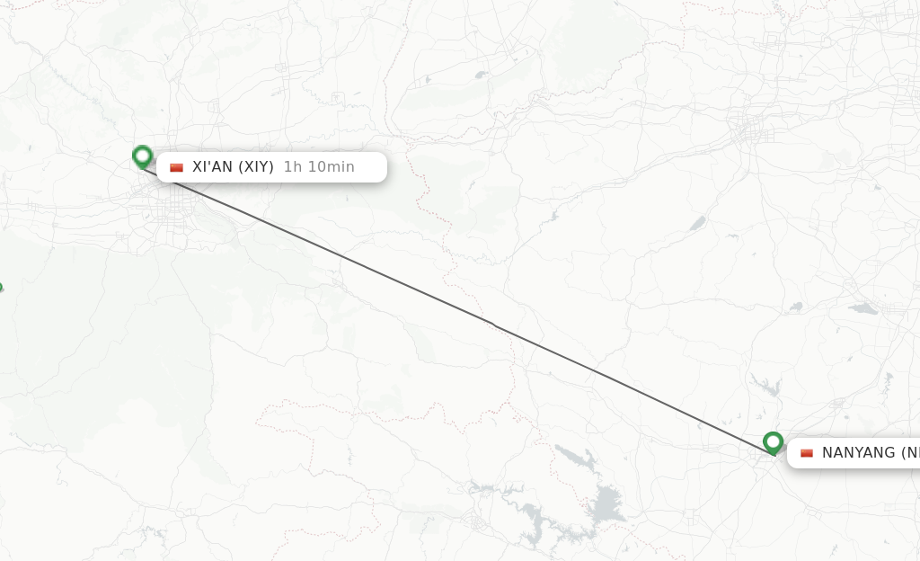 Flights from Nanyang to Xian route map